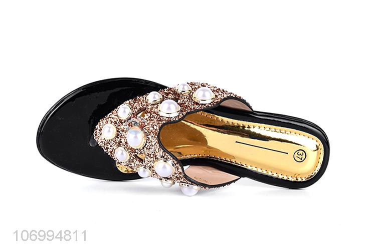 Unique design shiny pearls women low-heeled thong slippers