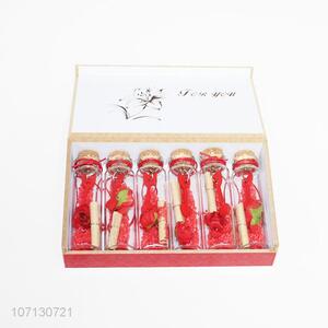 Promotional 6pcs/set clear glass bottle with heart flower, glass crafts in wooden box