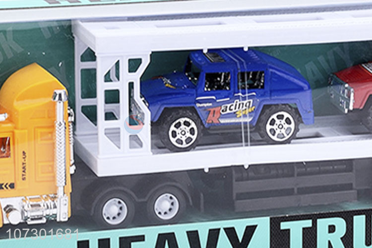 Top Selling Plastic Inertia Heavy Trailer Truck Carrying Two Cars Kids Toy Set