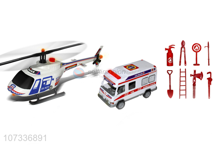 Best Sale Plastic Helicopter Ambulance Inertial Ladder Fire Truck Toy Set