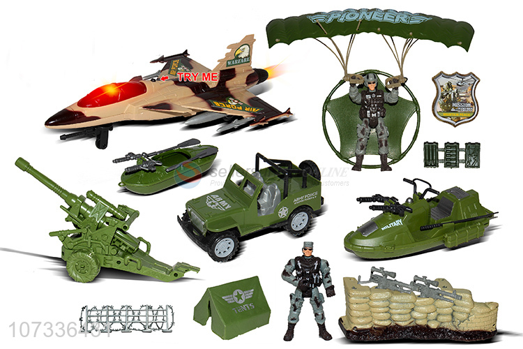 Good Sale Sound-Light Fighter Artillery Tent Vehicle Combat Boat Sandbag Parachute Set Toy