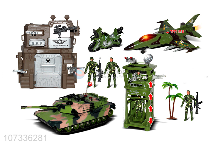 New Design Sound-Light Fighter Watchtower Tank Field Motorcycle Toy Set