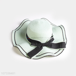 High Quality Wide Brim Wave Women Sun Floppy Straw Hat With Bow