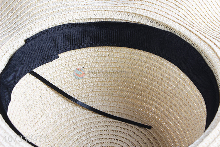 Contracted Design Paper Straw Hat Bow Sunhats Floppy Wave Straw Hat