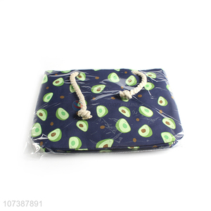 Popular Avocado Pattern Zipper Canvas Shopping Bag With Rope Handle