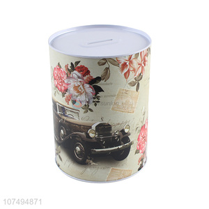 Low price flower printed round metal <em>money</em> <em>box</em> tin coin bank