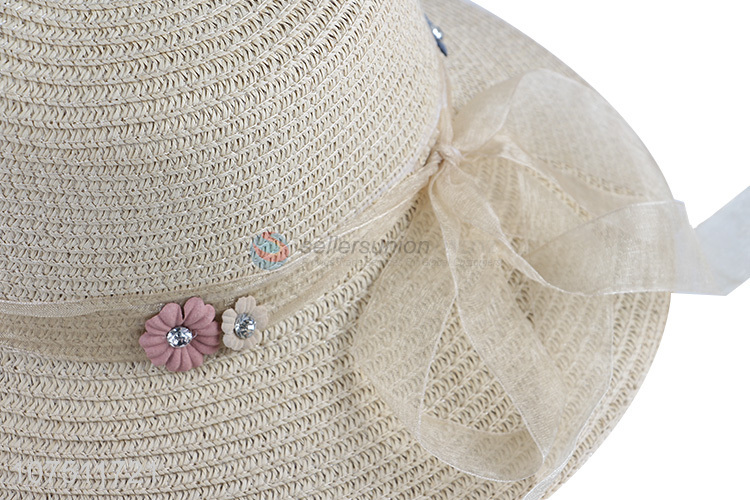 Custom women paper straw hat flower sun hat with ribbon