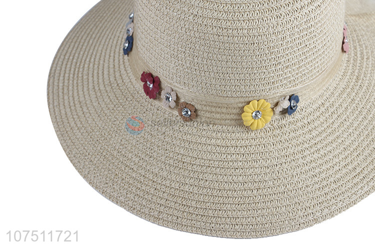 Custom women paper straw hat flower sun hat with ribbon