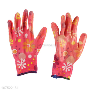 Fashionable flower pattern safety gloves butyronitrile coated working gloves