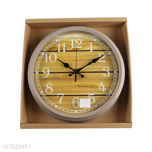 Low price trendy wood grain wall clock no-punch quartz clock for classroom decoration