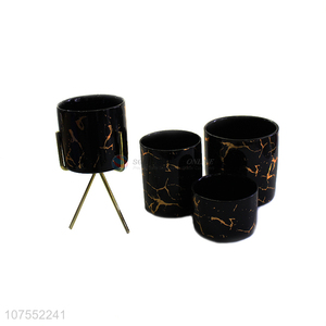 Wholesale Desk Decoration Cylindrical Marble Pattern Ceramic Flowerpot With Iron Rack