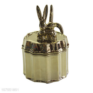 New Product Gold Ceramic Storage Jar With Two Rabbit Decoration Ceramic Lid