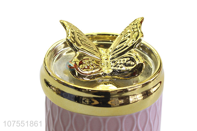 Unique Design Pink Ceramic Storage Jar With Gold Butterfly Ceramic Lid