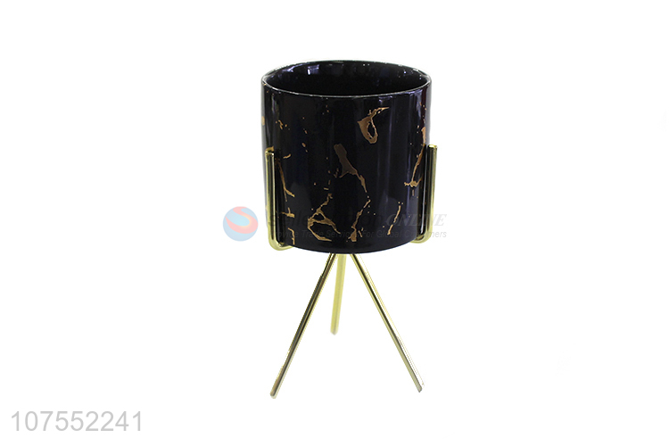 Wholesale Desk Decoration Cylindrical Marble Pattern Ceramic Flowerpot With Iron Rack