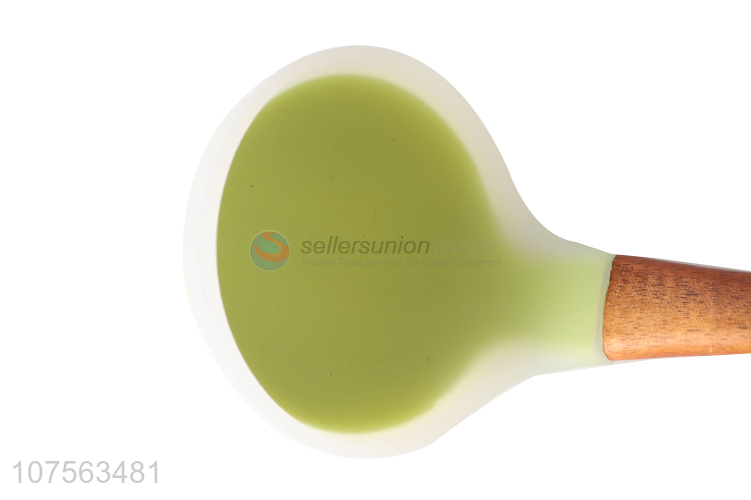 Promotional kichen translucence silicone soup ladle with wooden handle