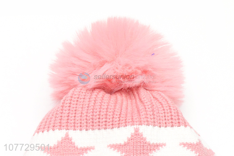 New products kids winter hat boys girls jacquard beanie with pompom