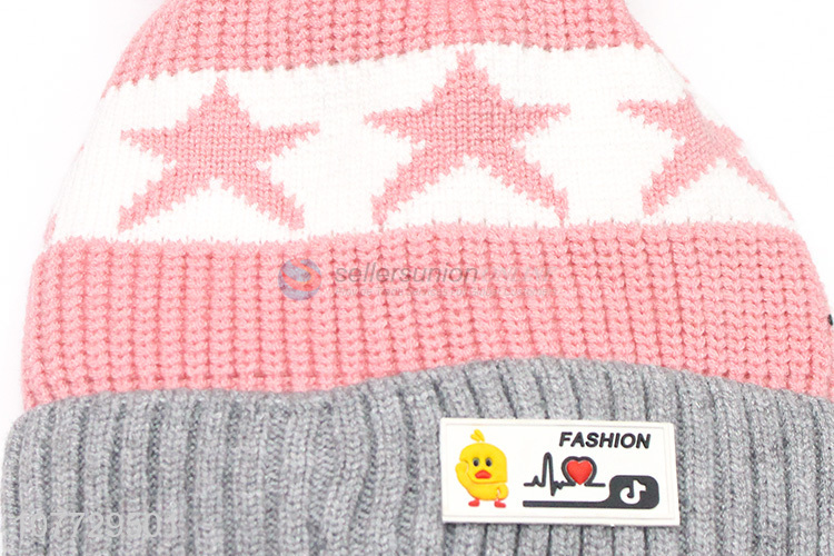 New products kids winter hat boys girls jacquard beanie with pompom