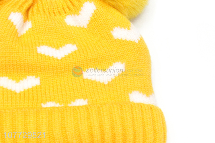 Unique design children winter pompom beanie jacquard knitting cap