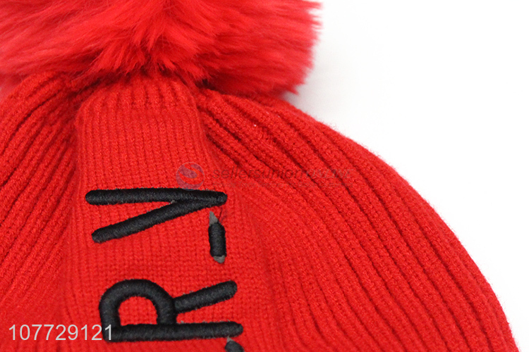Wholesale women letter embroidery hat ladies winter fleece lined hat with pompom
