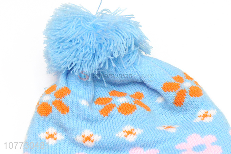 Factory price children beanies kids winter jacquard hat with pompom