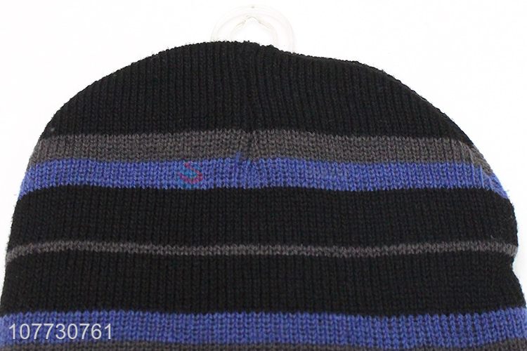 New products men winter striped knitted hat fleece lined beanie cap