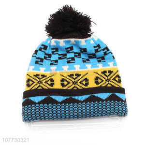 New design kids winter jacquard beanie knitted hat with pompom