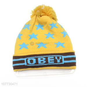 New arrival children winter pompom beanie toddler jacquard cap