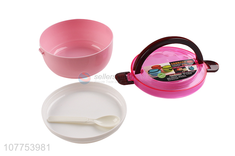 New Style 2 Layer Round Plastic Lunch Box With Handle