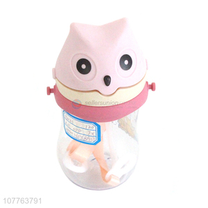 High quality cartoon owl kids water bottle with straw and shoulder strap