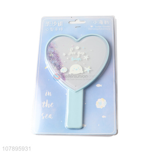 Online wholesale fashionable heart shaped quicksand cosmetic mirror for girls