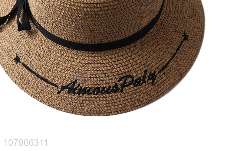 Wholesale summer women embroidery straw hat wide brim beach panama hat