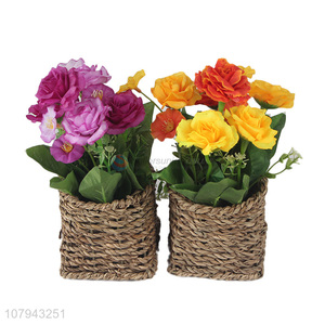 Good selling simulation flower artificial rose pot with woven basket