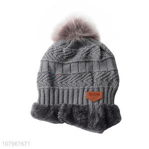 Good quality men winter fleece lined knitted beanie with pom pom