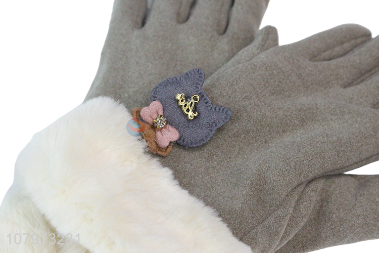 Good sale gray plush gloves outdoor windproof gloves for ladies