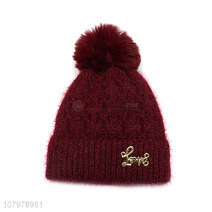 High quality women winter warm fleece lined beanies pom pom knitted hats