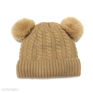 Wholesale kids winter warm fleece lined beanie hat with double pom poms