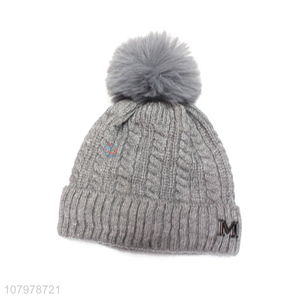 Top product children winter warm pom pom beanie hat fleece lined kids cap