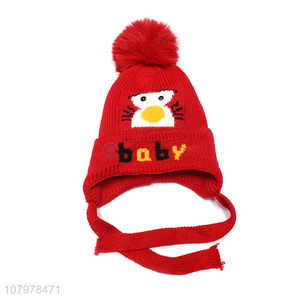 High quality kids fashion earmuff hat winter warm knitted hat with pom pom