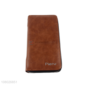 Latest design brown long style zipper leather wallet for sale