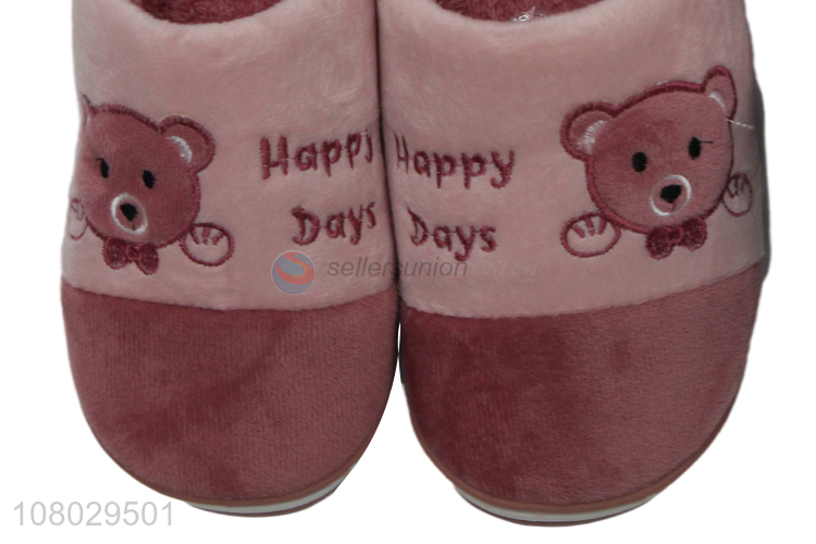 Factory price cute bear embroidery winter slipper short plush women slippers