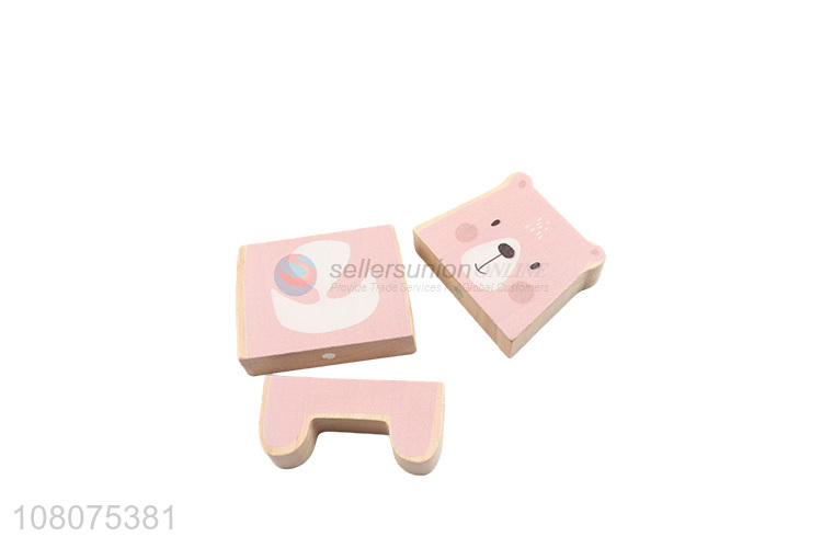 Hot selling pink cartoon bear wooden blocks toy for children