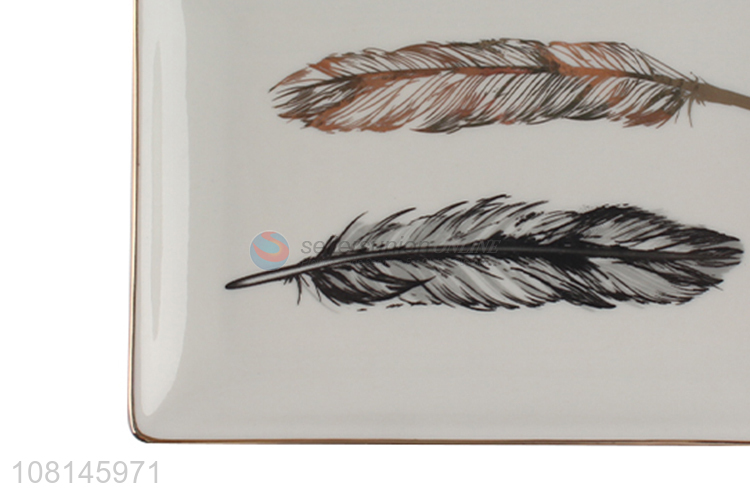 Promotional Feather Pattern Rectangle Ceramic Plate Dessert Dish