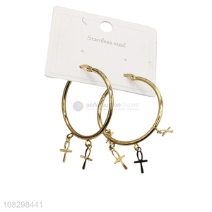 Good quality trendy stainless steel cross pendant hoop earrings