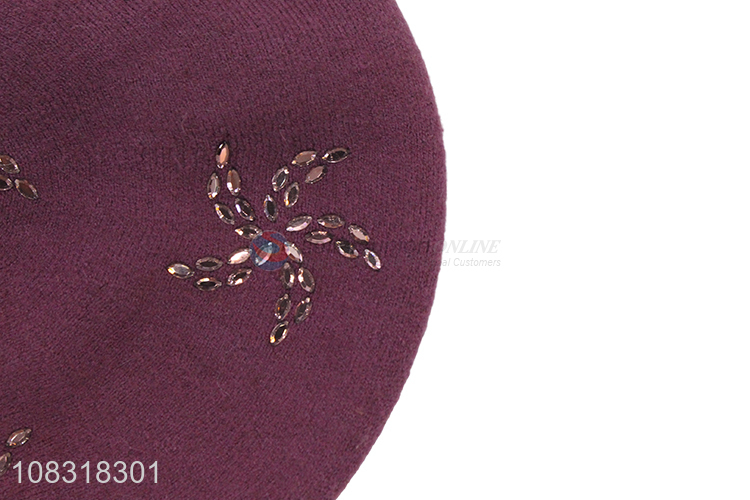 Low Price Ladies Fashion Diamond Beret Rabbit Fur hat wholesale