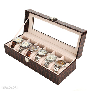 High quality 6 slots crocodile grain pu leather watch storage box