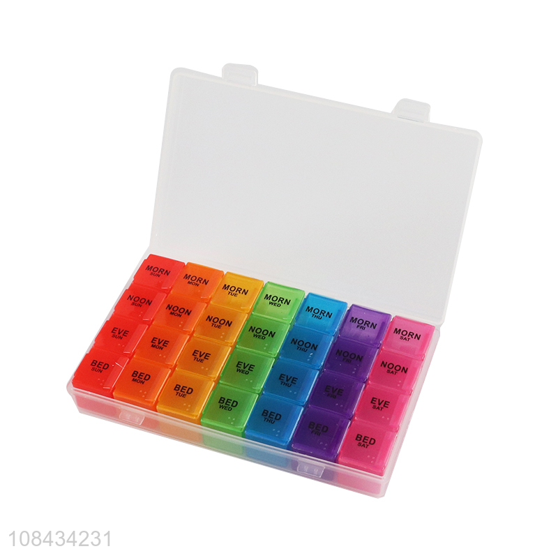 Yiwu market 28 grids plastic color pill box for 7 days