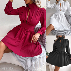 Factory supply women long sleeves A-line dress cut out slinky chiffon dress