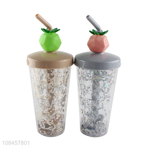 Hot selling sequined double-walled water tumbler mixing bottle with straw