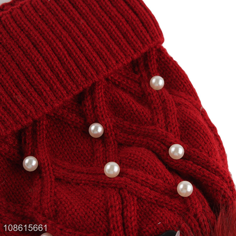 Low price red thickened winter women beanies hat with pearl