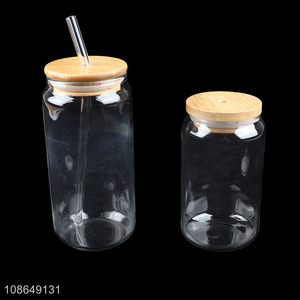 Online wholesale high borosilicate glass drinking cup with bamboo lid & straw